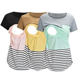 3er Pack Stillshirt Damen Umstandsmode Kurzarm Rundhals T-Shirt Bluse Stillkleidung Umstandsshirt Nursing Umstandstop Schwangerschaft Kleidung Stilltop Basic Oberteil Kariertes Hemd (02-Grey, M) von NCQiFei