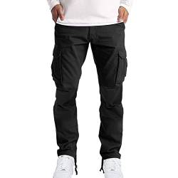 Cargo Hose Herren Lange Regular Fit Freizeithose Baumwolle Einfarbig Arbeitshose Loose Casual Cargohose mit Taschen Freizeithose Vintage Sporthose Trekkinghose für Männer Streetwear (04-Black, L) von NCQiFei