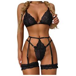 Damen Dessous Frauen Negligee Womens Mesh Patchwork einteiliges Kleid Set BH Höschen Anzug mit einem großen Hals Taille Beinband 5 Set Sexy Unterwäsche Underwear Sleepwear Sexy (16-Schwarz, XL) von NCQiFei