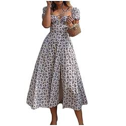 Damen Kleider Sexy Schulterfrei Blumen Sommerkleid Hohe Taille Lange Strandkleid Puffärmel Lässiges Kleider Elegant Boho Frauen Sommer Blumendruck Kleid Kordelzug Maxikleid mit Schlitz (01-Blue, M) von NCQiFei