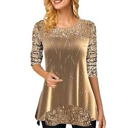 Damen Langarmshirts Glitzer Shirt Langarm Pailletten Bluse One Shoulder Oberteile Schön Glänzend Casual Mode Glitzertop Rundhals Sweatshirt Tunika Tops Festliche Sexy Party (03-Gold, XXL) von NCQiFei