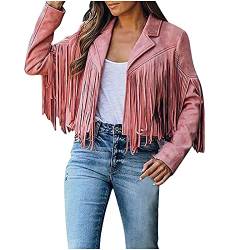 NCQiFei Damen Quaste Jacke Langarm Slim Lederjacke mit Fransen, Classic Mantel Frauen Herbst Winter Fransenjacke Wildlederoptik Freizeit Übergangsjacke Motorradjacke Kurz Jacket Outwear (Pink, S) von NCQiFei