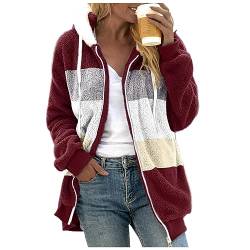 NCQiFei Hoodie Damen PlüSchjacke Wintermantel Kapuzenpullover Teddy-Fleece Pullover Winterjacke Herbst Winter Warm Oberteil Langarm Einfarbig Casual Sweatshirt (02-Wine, XXL) von NCQiFei