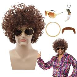 NEFLUM 70er-Jahre-Kostümperücke für Herren, 70er-Jahre-Disco-Perücke für Herren,5-teiliges Hippie-Kostüm-Set | Komplett mit Perücke, Schnurrbart, Hip-Hop-Kette, Sonnenbrille, Halskette und von NEFLUM