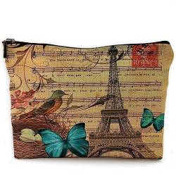 NEGIGA Moderne Vintage Paris Eiffelturm Blumen Vogel Schmetterling Botanische Kunst Make-up Tasche Reise Kosmetiktasche, rustikaler französischer Stil Kosmetiktasche mit Reißverschlussbeutel von NEGIGA