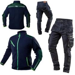 NEO TOOLS Premium Herren Arbeitskleidungssatz Gr. S - 3XL | Arbeitshose Denim + Fleece-Arbeitsjacke | Lang Hose Stretch mit 8 Pockets 98% Baumwolle, 2% Elasthan 410 g/m2, Fleece-Jacke 300 g/m2 (L) von NEO TOOLS