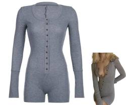 NEPHEW Buckle Closure Waist Slimming Elastic Knit Romper, 2024 New Long Sleeve Jumpsuit for Women, Stylish and Sexy Waist-Cinching Romper (L,Gray) von NEPHEW