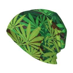 NESLIN Totenkopfmütze, Beanie-Mütze, Marihuana, grünes Blatt, gestrickt, weich, bequem, für Damen und Herren, Radfahren, Schwarz , One size von NESLIN