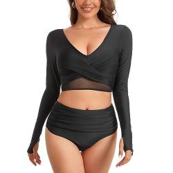 NESY Damen-Badeanzüge, langärmelig, zweiteilig, Rashguard, UV-Schutz, bauchfreies Oberteil, Badeanzüge, 1-SY567001Schwarz-1, S von NESY