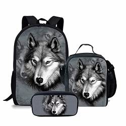 NETILGEN 3er Pack Jungen Grauer Wolf Schulrucksäcke, Kinder Schulranzen, Teenager Umhängetasche, Student Wolf Rucksack Federmäppchen, Lunchpakete von NETILGEN