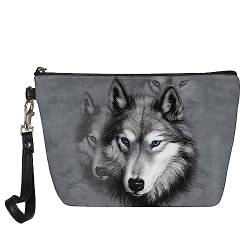 NETILGEN Damen-Make-up-Tasche mit Reißverschluss, tragbare Kosmetiktaschen, wasserdichte Tasche, Organizer, Kulturbeutel, Reisen, Grauer Wolf von NETILGEN