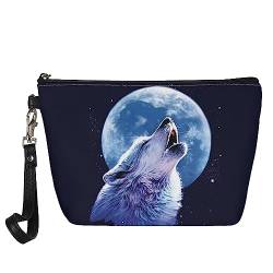 NETILGEN Damen-Make-up-Tasche mit Reißverschluss, tragbare Kosmetiktaschen, wasserdichte Tasche, Organizer, Kulturbeutel, Reisen, Moon Wolf von NETILGEN