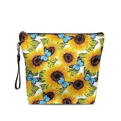 NETILGEN Große Make-up-Tasche mit Reißverschluss, PU-Leder, Kosmetik-Aufbewahrungs-Organizer mit Griff, geräumige Reise-Kulturtasche, ideales Geschenk, Blauer Schmetterling Sonnenblume von NETILGEN