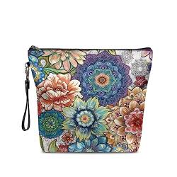 NETILGEN Große Make-up-Tasche mit Reißverschluss, PU-Leder, Kosmetik-Aufbewahrungs-Organizer mit Griff, geräumige Reise-Kulturtasche, ideales Geschenk, Blühende Blume Blau von NETILGEN