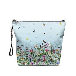 NETILGEN Große Make-up-Tasche mit Reißverschluss, PU-Leder, Kosmetik-Aufbewahrungs-Organizer mit Griff, geräumige Reise-Kulturtasche, ideales Geschenk, Blumen Schmetterling Blau von NETILGEN