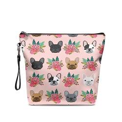 NETILGEN Große Make-up-Tasche mit Reißverschluss, PU-Leder, Kosmetik-Aufbewahrungs-Organizer mit Griff, geräumige Reise-Kulturtasche, ideales Geschenk, Französische Bulldogge, Rosa von NETILGEN