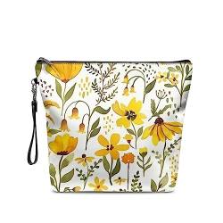 NETILGEN Große Make-up-Tasche mit Reißverschluss, PU-Leder, Kosmetik-Aufbewahrungs-Organizer mit Griff, geräumige Reise-Kulturtasche, ideales Geschenk, Gelb, Blumen von NETILGEN