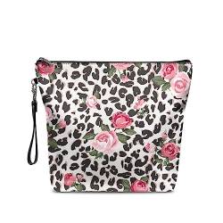 NETILGEN Große Make-up-Tasche mit Reißverschluss, PU-Leder, Kosmetik-Aufbewahrungs-Organizer mit Griff, geräumige Reise-Kulturtasche, ideales Geschenk, Rosa Rose Leopard von NETILGEN