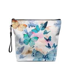 NETILGEN Große Make-up-Tasche mit Reißverschluss, PU-Leder, Kosmetik-Aufbewahrungs-Organizer mit Griff, geräumige Reise-Kulturtasche, ideales Geschenk, Schmetterling blau von NETILGEN