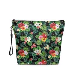 NETILGEN Große Make-up-Tasche mit Reißverschluss, PU-Leder, Kosmetik-Aufbewahrungs-Organizer mit Griff, geräumige Reise-Kulturtasche, ideales Geschenk, Tropisches Blumenblatt von NETILGEN