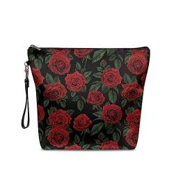 NETILGEN Große Make-up-Tasche mit Reißverschluss, PU-Leder, Kosmetik-Aufbewahrungs-Organizer mit Griff, geräumige Reise-Kulturtasche, ideales Geschenk, rote rose von NETILGEN