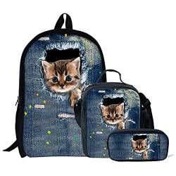 NETILGEN Rucksäcke Kids Bookbags Cute Denim Cat 3er-Set,Kinder Lunchbags Isoliert Mit Flaschenhalter Kleine Bleistiftbox Für Teenager Mädchen Leichte Schultasche von NETILGEN