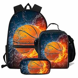 NETILGEN Schulranzen + Federmäppchen + Lunchtasche 3 Sets Groß Cool für Kinder Jungen Teenager Reisen Personalisiert, Lightning Fire Basketball, one size, Kinderrucksack von NETILGEN