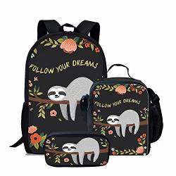 NETILGEN Süßes lustiges Faultier Follow Your Dreams Rucksäcke Schulrucksäcke, Kinder Lunch Bag, Mädchen Geschenke Federmäppchen, 3 in 1 Kinder Schultaschen 3 Stück Set von NETILGEN