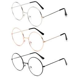 NETUME 3 Paar Metall Runde Brille - Retro Brille Herren und Damen, Fake Brille Ohne Sehstärke Durchsichtige Brille Brillengestelle, Vintage Oma Brille mit Fensterglas (Schwarz, Golden, Silbern Farbe) von NETUME