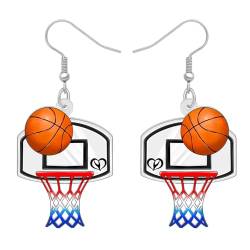 NEWEI Acryl Baseball Fußball Ohrringe Baumeln Basketball Fußball Schmuck Für Damen Mädchen Sport Liebhaber (Basketballkorb) von NEWEI