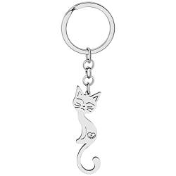 NEWEI Cute Katze Geschenke Edelstahl Katze Schlüsselanhänger Schlüsselring für Damen Frauen Mädchen Geldbörse Autoschlüssel Charms (Versilberte langschwänzige Katze) von NEWEI