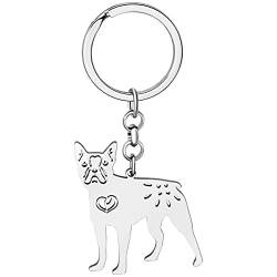 NEWEI Edelstahl Hund Schlüsselanhänger Cute Pet Hund Schlüsselanhänger für Frauen Mädchen Geldbörse Autoschlüssel Charms (Versilberter Boston Terrier) von NEWEI
