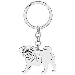 NEWEI Edelstahl Hund Schlüsselanhänger Cute Pet Hund Schlüsselanhänger für Frauen Mädchen Geldbörse Autoschlüssel Charms (Versilberter Mops) von NEWEI