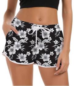 NEWISTAR Badehose Damen High Waist Locker Sommer Kurze Badeshort 3D Blume Druck Hawaii Strand Shorts Schnell Trocknendes UV Sport Sommerhose Gym Boardshorts mit Taschen,L,44-46,Schwarz von NEWISTAR