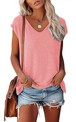 NEYOUQE Basic Shirt Damen U-Ausschnitt Tank top Einfarbige Kurze Ärmel für Frauen Kurzarm Tshirt Beliebten Pullover Basic Einfarbig Shirt Tops t Shirts für Damen Rosa L 44-46 von NEYOUQE