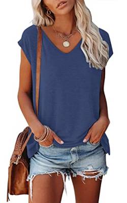 NEYOUQE Bluse Damen Weste Damen Einfarbiges Bluse Kurzarm-T-Shirt für Damen U Ausschnitt lässig Casual Loose Basic Shirt Tshirts Damen Blau L 44-46 von NEYOUQE