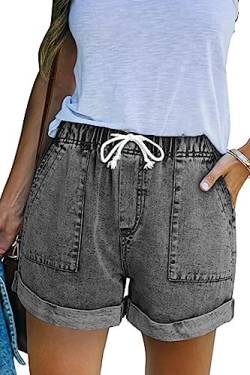 NEYOUQE Damen Jeans Einfarbig mit Taschen Jeans Shorts Damen Elastischer Bund mit Kordelzug Kurze Hose Damen Casual Damen Shorts Sommer Grau L 44-46 von NEYOUQE