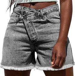 NEYOUQE Damen Jeans Einfarbig mit Taschen Jeans Shorts Damen Mittlere Taille Knopf Kurze Hose Damen Casual Damen Shorts Sommer Grau S 36-38 von NEYOUQE