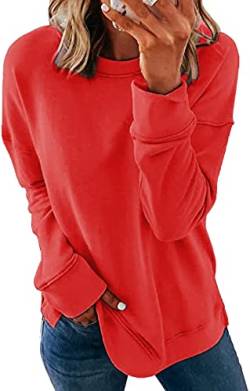 NEYOUQE Damen Pullover Longshirt Rundhals Langarm Einfarbig Shirts Basic Damen Sweatshirt Damen Rot XL von NEYOUQE
