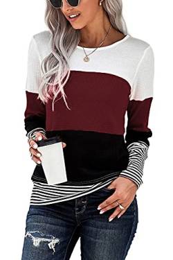 NEYOUQE Damen Pullover Rundhals Langarm Gestreift Farbblock Tshirt Beliebten Pullover Basic Tops Bekleidung Langarmshirt Damen Rotwein S 36-38 von NEYOUQE