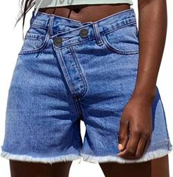 NEYOUQE Damen-Shorts Sommer Mittlere Taille Knopf Kurze Jeanshose Damen Einfarbig mit Taschen Big Short Casual Kurze Hosen Hellblau L 44-46 von NEYOUQE