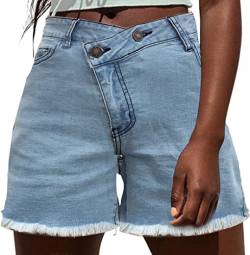 NEYOUQE Damen-Shorts Sommer Mittlere Taille Knopf Kurze Jeanshose Damen Einfarbig mit Taschen Big Short Casual Kurze Hosen Himmelblau M 40-42 von NEYOUQE