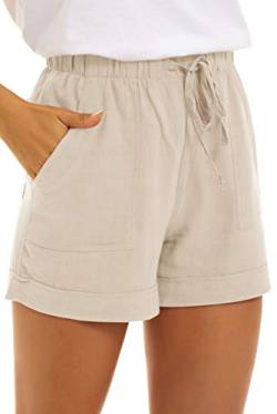 NEYOUQE Damen Shorts mit Taschen Kordelzug einfarbig Baumwolle leinen musselin Shorts Kurze Hose Damen Sommer Beige XXL von NEYOUQE