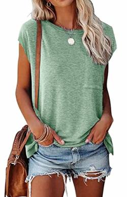 NEYOUQE Damen Tshirt Gestreift Rundhals Kurzarm Tshirt Beliebten Pullover Basic Einfarbig Tops Bekleidung Bean grün XXL 50-52 von NEYOUQE