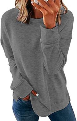 NEYOUQE Damen Tshirt Shirt Damen Langarm Rundhals Einfarbig Seitenschlitz Comfy Pullover Langarmshirt Damen Herbst Grau L von NEYOUQE