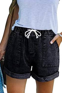 NEYOUQE Jeans Damen mit Taschen Einfarbig Shorts Damen Sommer Elastischer Bund mit Kordelzug Kurze Hosen Damen Casual Jeans Big Short Schwarz S 36-38 von NEYOUQE