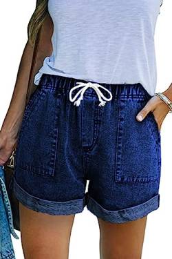 NEYOUQE Kurze Hose Damen Einfarbig mit Taschen Jeans Shorts Damen Elastischer Bund mit Kordelzug Damen Shorts Sommer Casual Jeans Hotpants Damen Navy blau XXL 50-52 von NEYOUQE