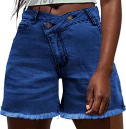 NEYOUQE Kurze Hose Damen Einfarbig mit Taschen Jeans Shorts Damen Mittlere Taille Knopf Damen Shorts Sommer Casual Hotpants Damen Navy blau L 44-46 von NEYOUQE