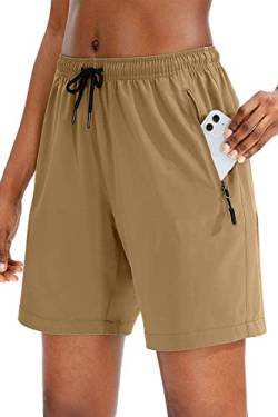 NEYOUQE Kurze Hose Damen Elastischer Bund 3/4 Hose Damen Einfarbig mit Taschen Kurze Sporthose Damen Casual Loose Laufshorts Damen Khaki M 40-42 von NEYOUQE