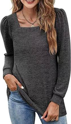 NEYOUQE Langarmshirt Damen Pullover Einfarbig Quadratischer Kragen T Shirt Damen Loose Casual Sweatshirt Longsleeve Damen Schwarz XL 48-50 von NEYOUQE